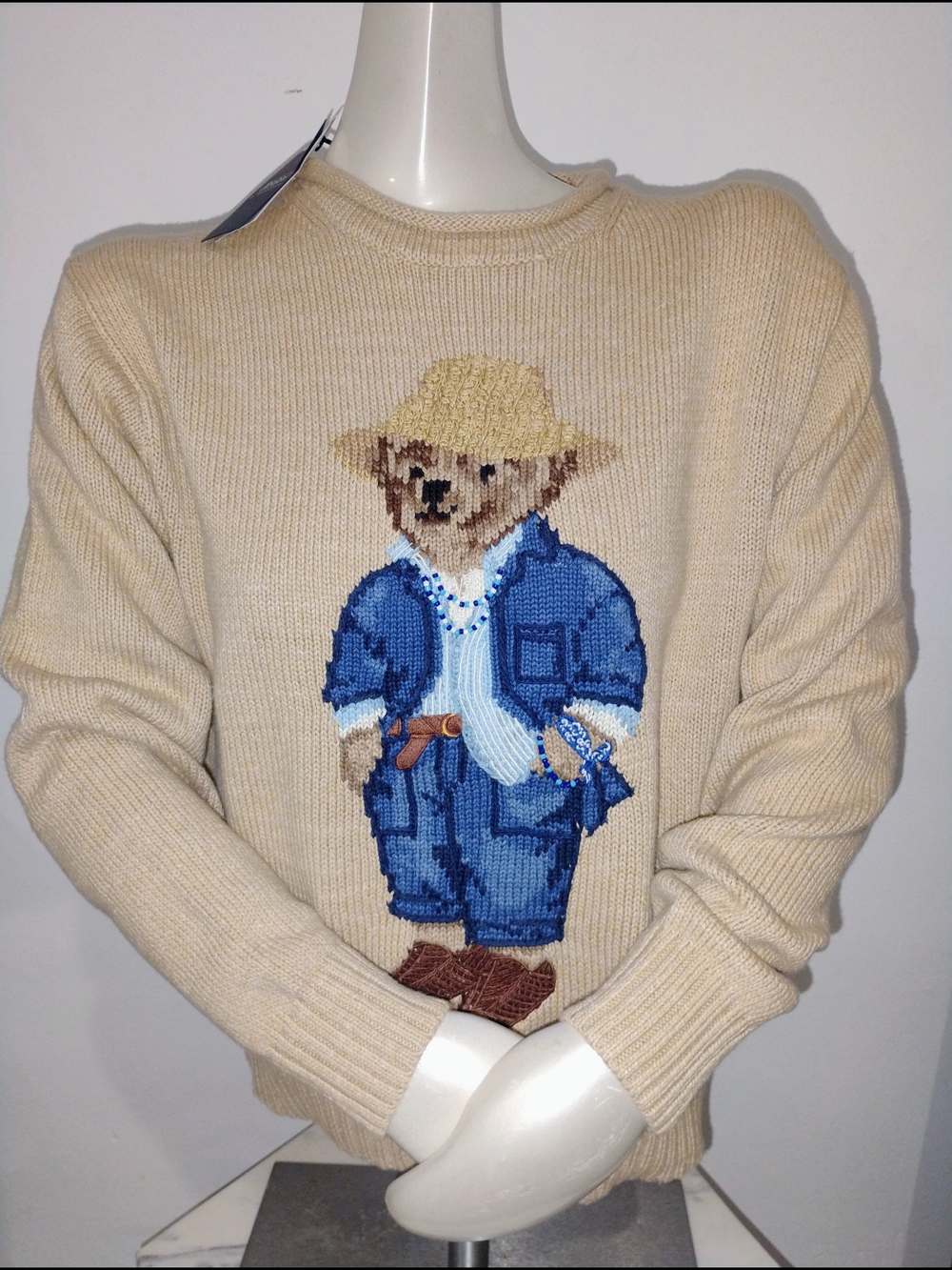 Ralph Lauren Beige Bear Intarsia Crewneck Sweater with Blue Outfit